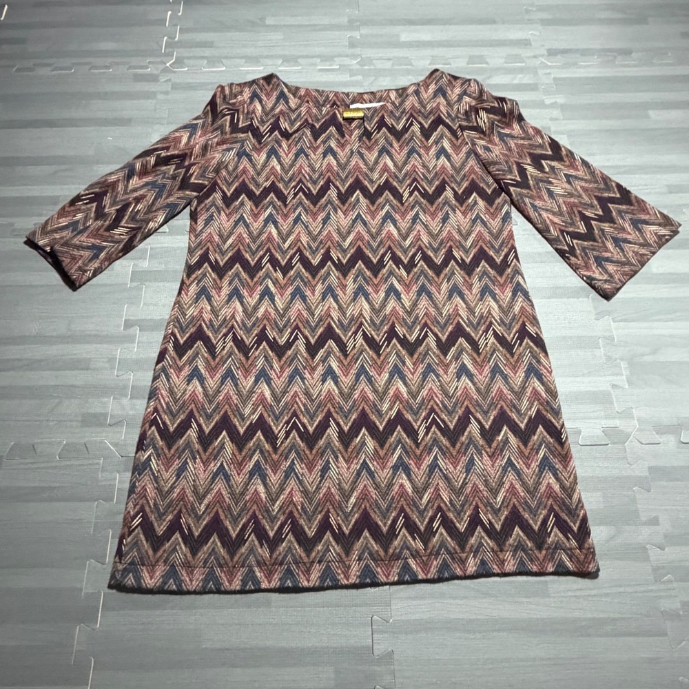 Shelby & Palmer Chevron Zig Zag Tunic Top 3/4 Sleeve Knit Metallic Gold Brown